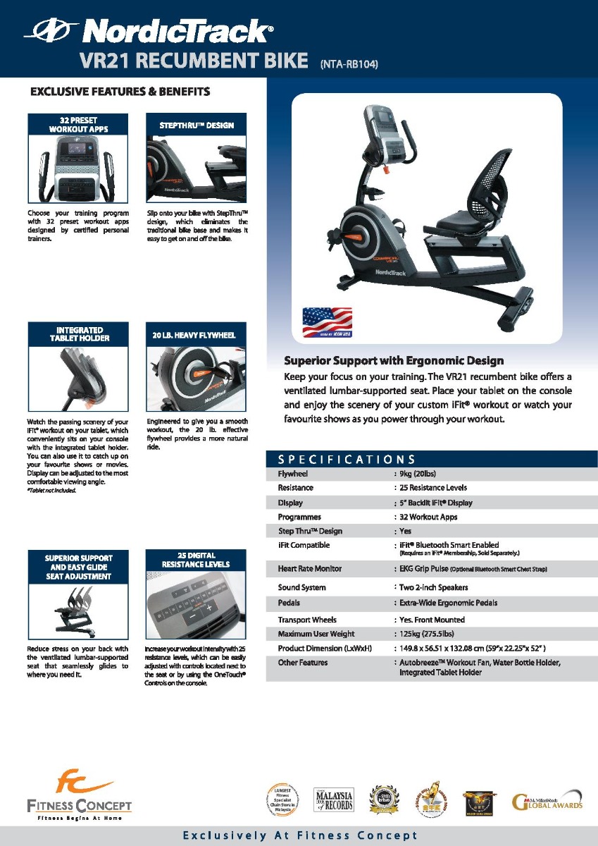 Nordictrack VR21 Recumbent Bike VR21 Commercial recumbent bike offers a ventilated lumbar-supported seat.
