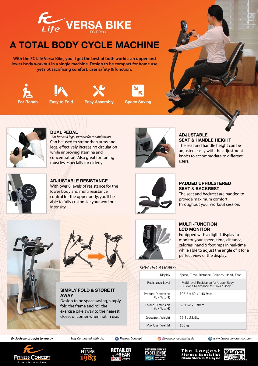 FC life versa bike FC Life Versa Bike: Compact, comfy home workout for both upper and lower body. Safety and function prioritized.