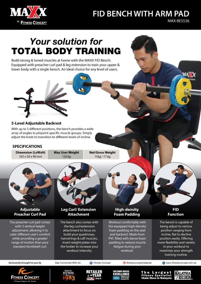 Enhance Your Strength Training with maxx fitness FID bench W/Arm pad and leg developer.