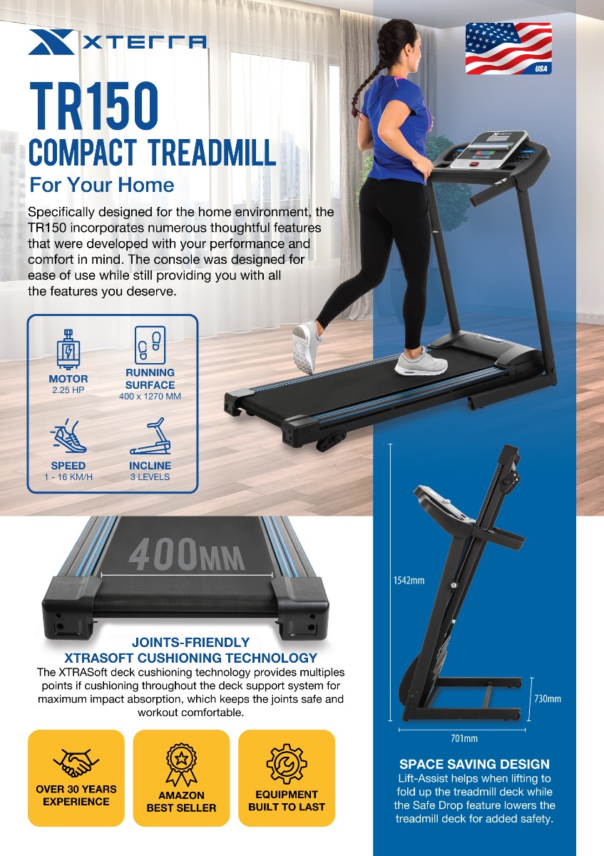 XTERRA TR150 Treadmill: Unleash your fitness potential with a sleek, powerful design. Elevate your workouts at home. Run towards your goals!